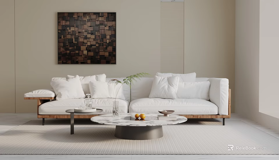 White Three-Seater Sofa With Cushions In Modern Interior With Marble Coffee Table And Decorative Painting 3d model 