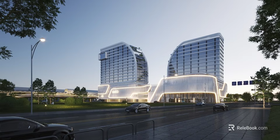 Modern Office Buildings Featuring Glass Curtain Walls And Lighting Along Road With Vehicles And Lawn 3d model 
