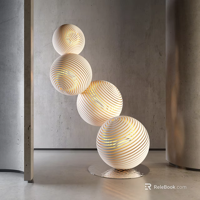 Modern Minimalist Floor Lamp with Four Spherical Spiral Pattern Shades for Indoor Decor 3d model 
