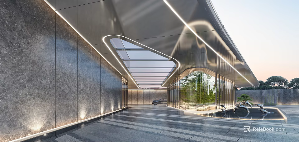 Modern Sales Office Building Architectural Design With Metallic Facade Glass Curtain Wall And Lighting Accents 3d model 