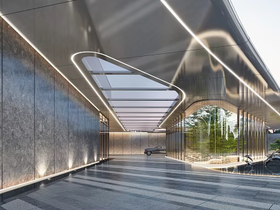 Modern Sales Office Building Architectural Design With Metallic Facade Glass Curtain Wall And Lighting Accents 3d model