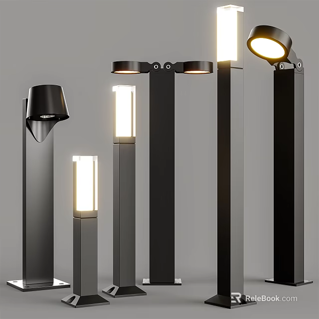 Modern Black Outdoor Post Lights With Various Designs And Illuminated Features 3d model 