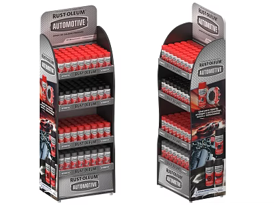 Rust Oleum Automotive Mechanic Product Display Shelves Stocked With Red Spray Cans 3d model