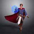 Fantasy Game Movie Character In Blue Tunic Red Cape With Blue Magical Circle