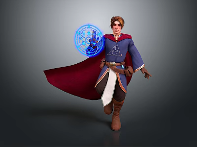 Fantasy Game Movie Character In Blue Tunic Red Cape With Blue Magical Circle 3d model