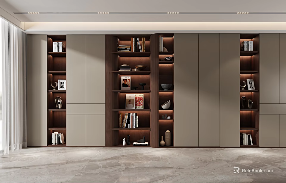 Modern Built in Bookcase Featuring Multiple Compartments Books And Decorative Items 3d model 