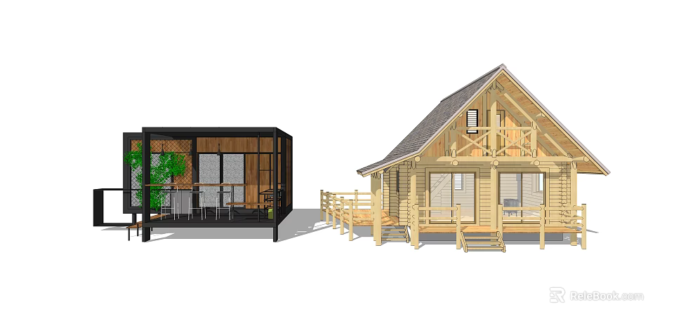 Traditional Wooden House Design With Gabled Roof Porch Stairs And Railing 3d model 