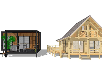 Traditional Wooden House Design With Gabled Roof Porch Stairs And Railing 3d model