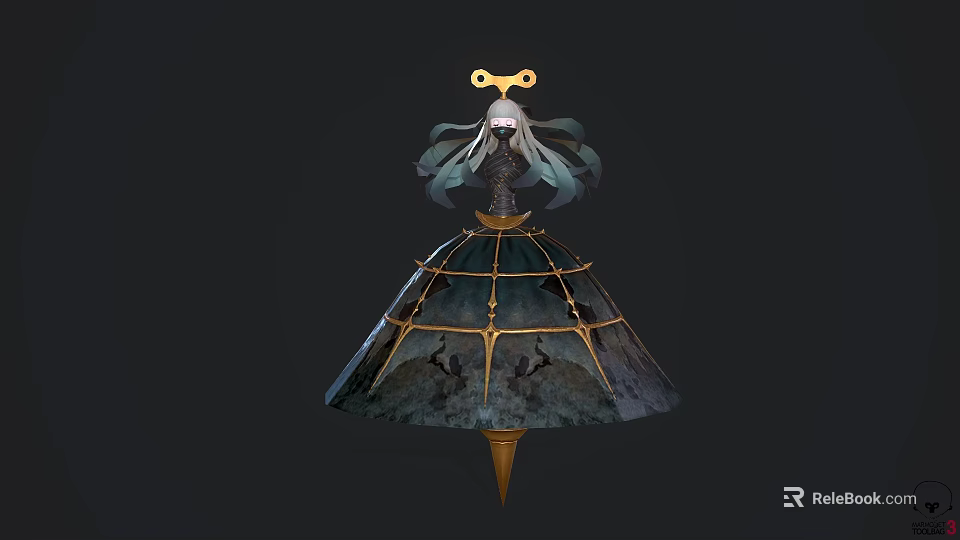 Fantasy White Haired Character With Golden Bow Headdress And Creature Silhouettes On Dark Dress 3d model 