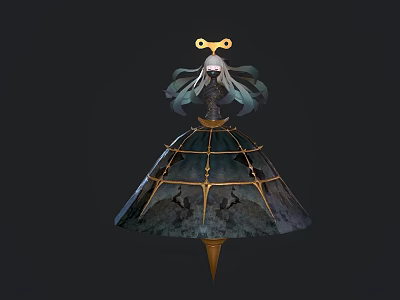 Fantasy White Haired Character With Golden Bow Headdress And Creature Silhouettes On Dark Dress 3d model