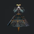 Fantasy White Haired Character With Golden Bow Headdress And Creature Silhouettes On Dark Dress