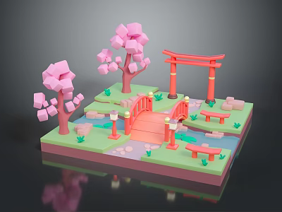 Scenic Miniature Landscape Including Pink Cherry Blossom Trees Red Torii Gate Bridge Lanterns Benches Pond 3d model