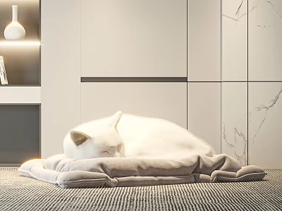 White Cat Resting On Soft Bed In Modern Interior With Cabinet And Marble Wall 3d model