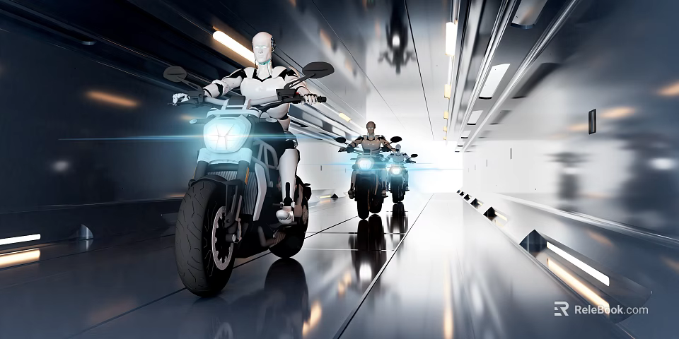 Cartoon Style Multiple Robots Riding Motorcycles In Futuristic Tunnel With Lights 3d model 