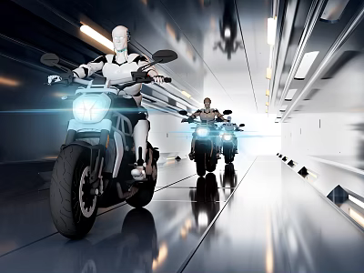 Cartoon Style Multiple Robots Riding Motorcycles In Futuristic Tunnel With Lights 3d model