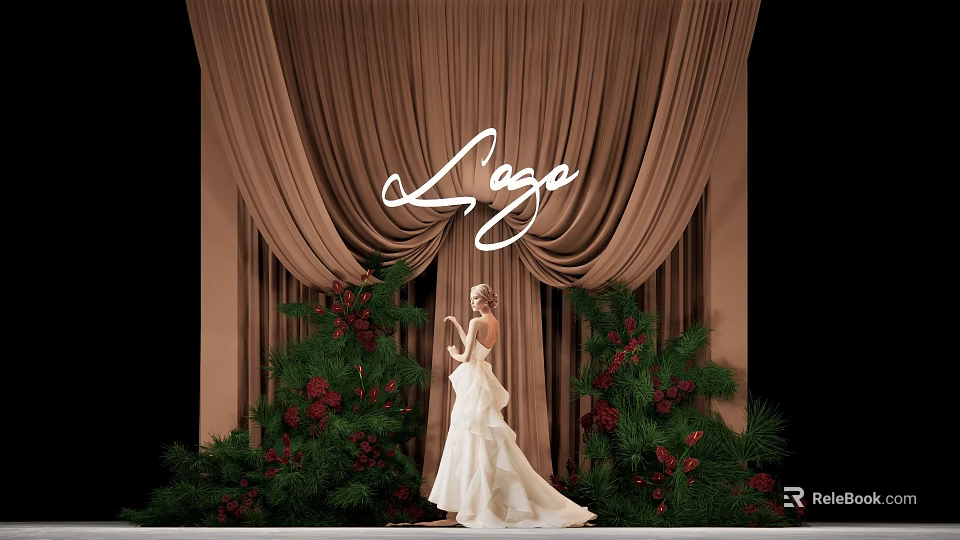 Elegant Photo Spot With Brown Curtains Lage Sign White Dress Green Plants And Red Berries 3d model 