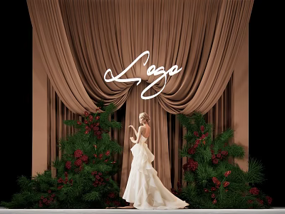 Elegant Photo Spot With Brown Curtains Lage Sign White Dress Green Plants And Red Berries 3d model
