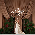 Elegant Photo Spot With Brown Curtains Lage Sign White Dress Green Plants And Red Berries