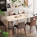 Modern Dining Table With Marble Top And Brown Chairs In Kitchen Interior 3d model