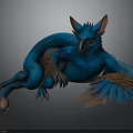 Blue Mythical Creature with Feathered Wings Red Eyes Claws and Long Tail Lying on Dark Background