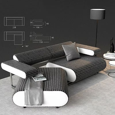 Modern Striped Sofa Set With Black White Pattern Gray Pillow And Metal Legs 3d model