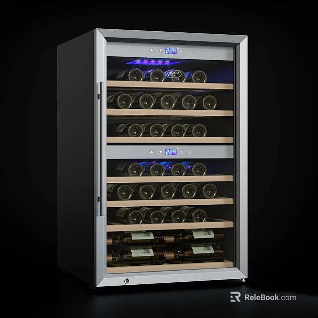 Stainless Steel Wine Cooler With Multiple Shelves Blue LED Lights And Digital 3d model 