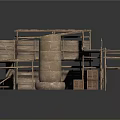 Wooden Industrial Structure With Multiple Platforms Staircases And Cylindrical Tank 3d model