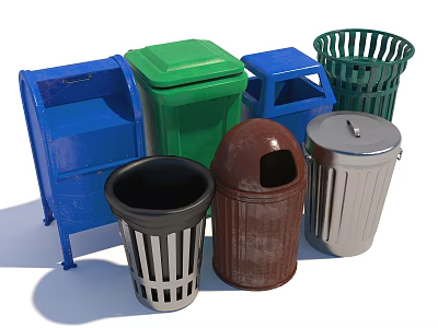 Public Trash Cans In Various Colors And Different Designs For Public Facilities 3d model