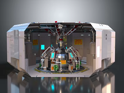 Octagonal Metal Facility Interior With Complex Machinery Central Equipment Screens Control Panels And Warning Signs 3d model