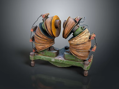 Coil Equipment Wound With Copper Wires On Green Metal Base With Wheels And Yellow Edges 3d model