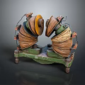 Coil Equipment Wound With Copper Wires On Green Metal Base With Wheels And Yellow Edges
