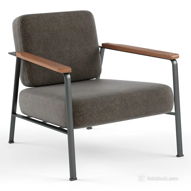 Modern Minimalist Single Sofa With Gray Upholstery Wooden Arms And Metal Frame 3d model 