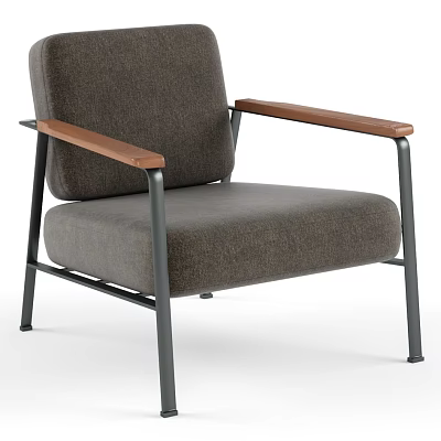 Modern Minimalist Single Sofa With Gray Upholstery Wooden Arms And Metal Frame 3d model