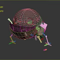 Mechanical Creature Character with Spherical Body Metal Legs Cottage Structure and Round Eyes