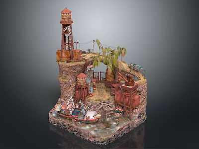 Detailed Miniature Scene Model With Rocky Terrain Lighthouse Boat Palm Trees And Wooden Structures 3d model