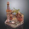 Detailed Miniature Scene Model With Rocky Terrain Lighthouse Boat Palm Trees And Wooden Structures