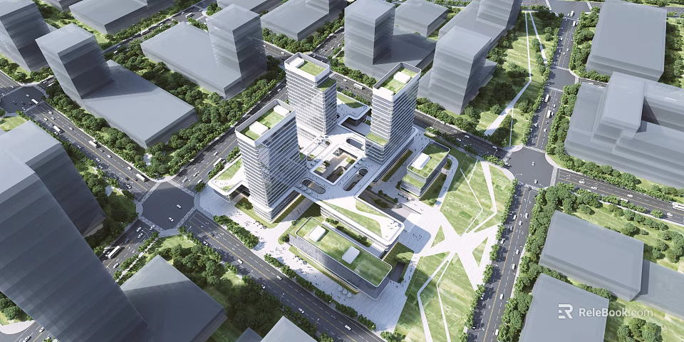 Aerial View Urban Planning With High Rise Buildings Green Spaces And Road Layout 3d model 