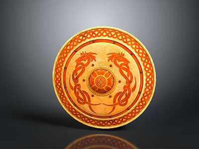 Classic Circular Weapon Shield Featuring Intricate Dragon Patterns Gold and Red Decorative Design 3d model