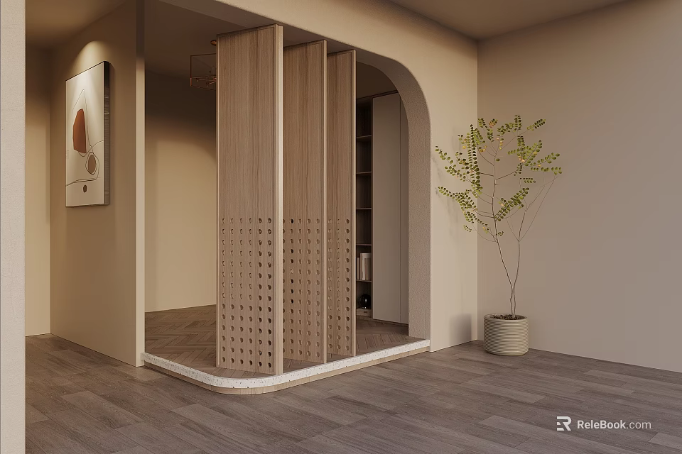 Modern Interior With Wooden Perforated Room Divider Potted Plant And Wall Art 3d model 