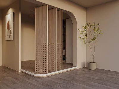 Modern Interior With Wooden Perforated Room Divider Potted Plant And Wall Art 3d model