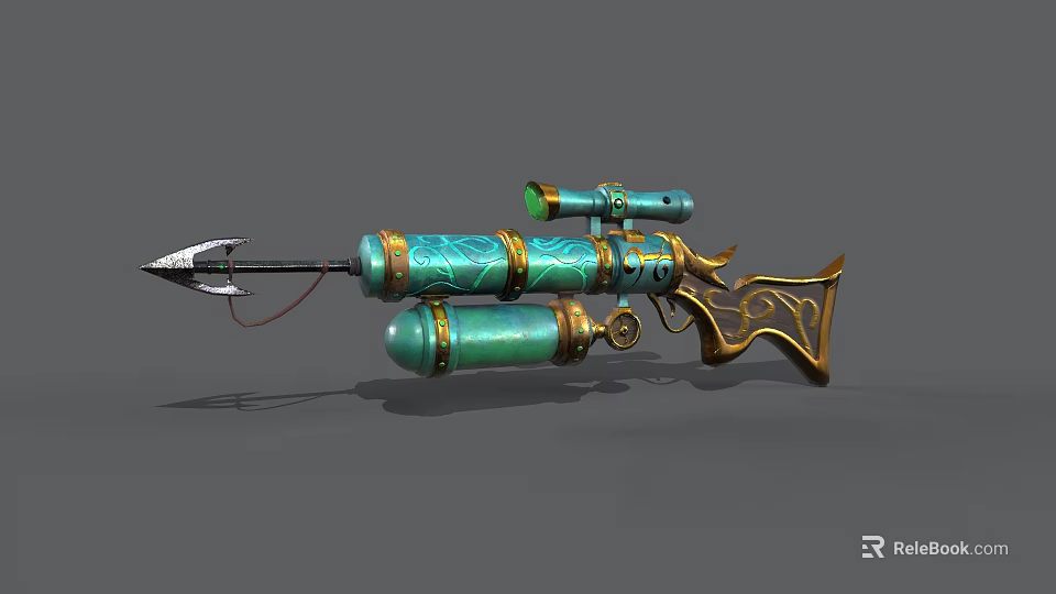 Decorative Green And Gold Weapon With Sniper Scope Arrow And Mechanical Design 3d model 