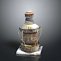 Antique Copper Kerosene Lantern Placed On White Cloth Against Gray Background