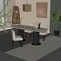 Modern Elegant Dining Room Interior With Marble Tabletop Wooden Legs Chairs Green Plants And Rug