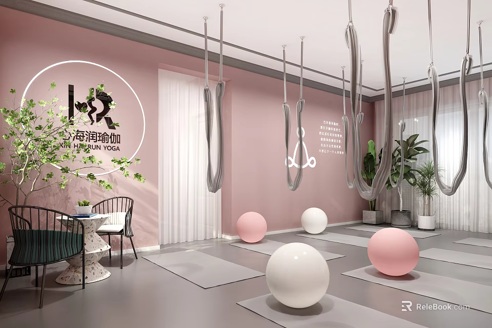 Yoga Studio Interior With Pink Walls Hanging Hoops Yoga Mats And Exercise Balls 3d model 