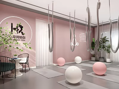 Yoga Studio Interior With Pink Walls Hanging Hoops Yoga Mats And Exercise Balls 3d model