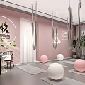 Yoga Studio Interior With Pink Walls Hanging Hoops Yoga Mats And Exercise Balls