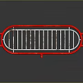 Red And White Curved Metal Fence With Railing On Reflective Surface