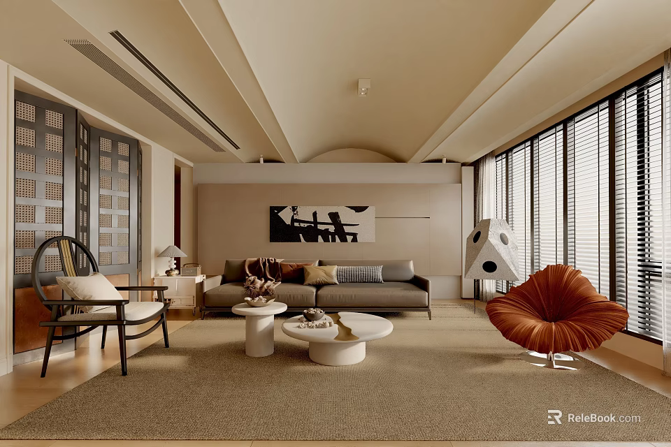 Modern Living Room Interior Design With Gray Sofa Orange Chair And White Round Coffee Tables 3d model 