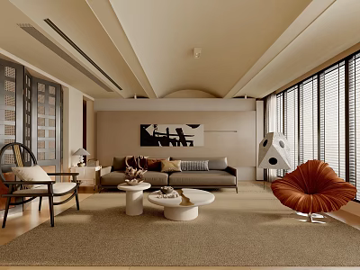 Modern Living Room Interior Design With Gray Sofa Orange Chair And White Round Coffee Tables 3d model