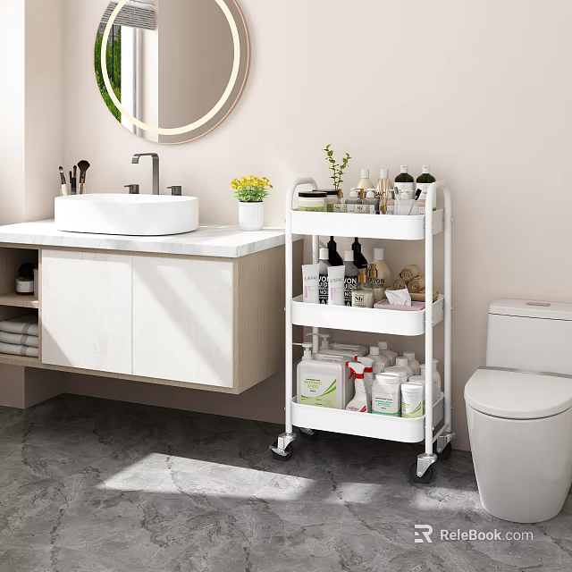 White Multi Tier Bathroom Storage Cart With Toiletries And Green Plant In Modern Bathroom 3d model 